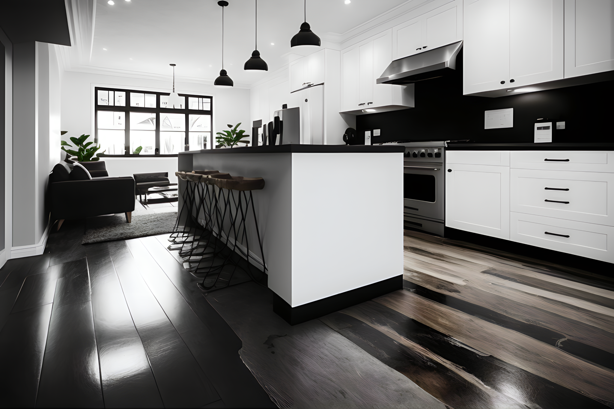 modern kitchen and living room with gray, white and black color scheme and black vinyl flooring. This image showcase the high-quality work of Modern Improvement Contractors